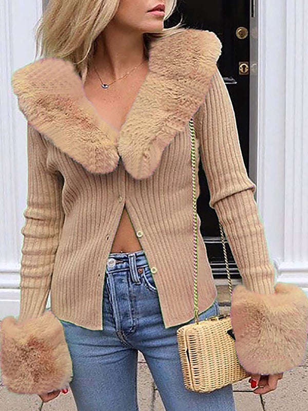 Long Sleeve Sexy Fur Collar Knit Jacket