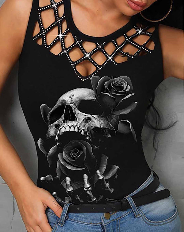 Punk Skull Rose Printed Tank Top