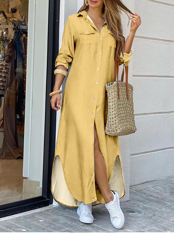 Casual Loose Buttoned Slit Shirt Dress