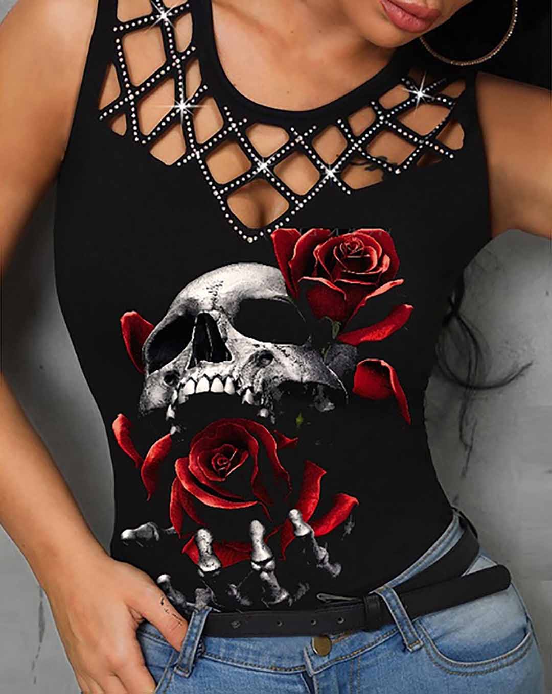Punk Skull Rose Printed Tank Top