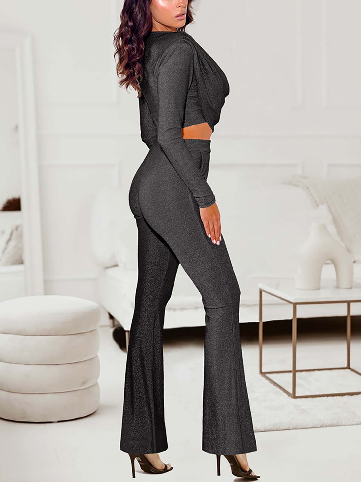 Sexy Casual Bronzing Top Flared Trousers Two-piece Suit