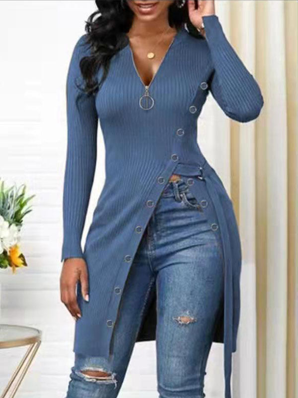 Casual Solid Patchwork Slit O Neck Tops