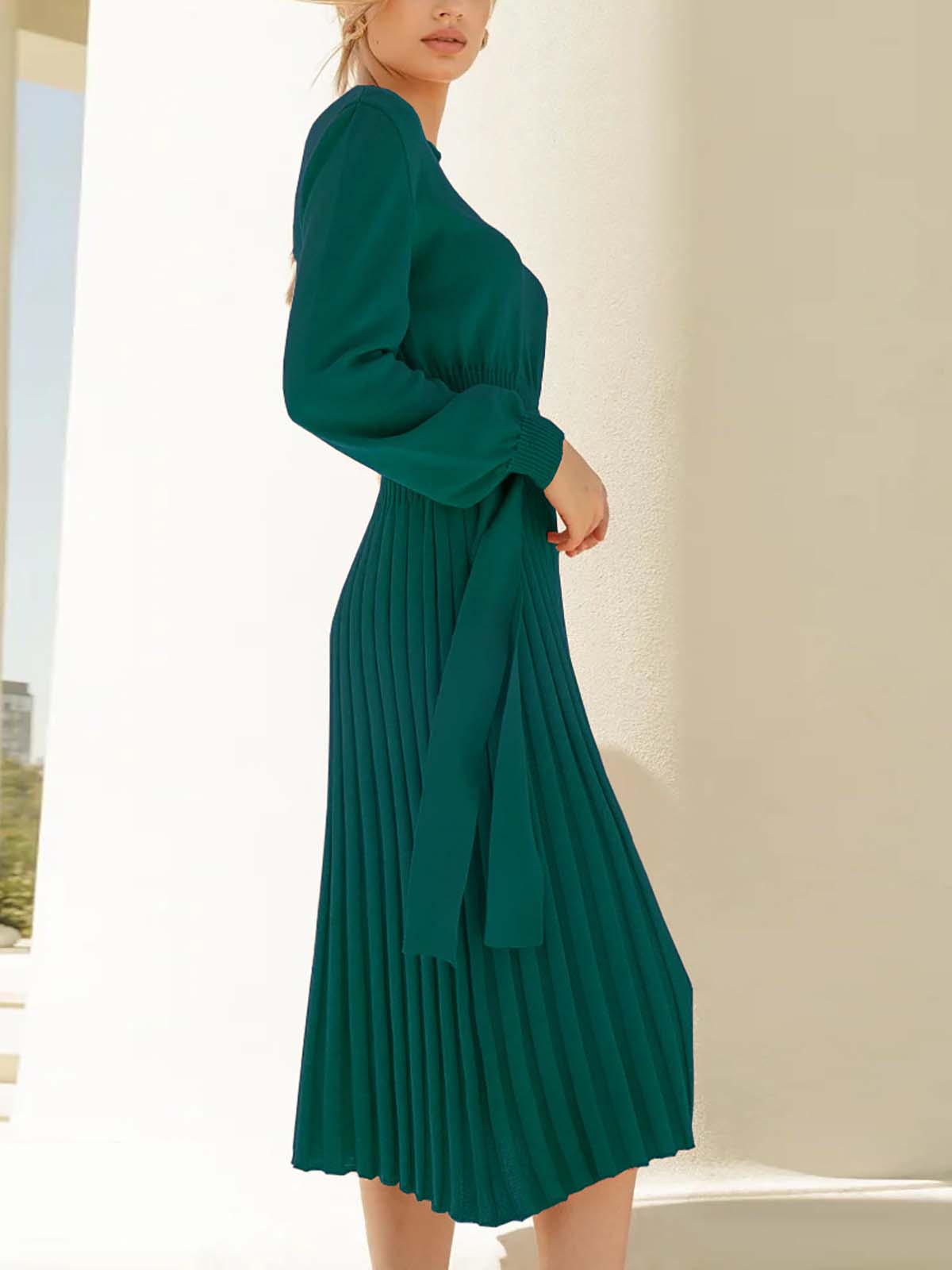 Pleated Waist Belt Knitted Midi Dress