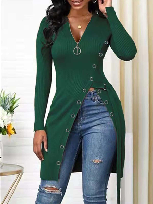 Casual Solid Patchwork Slit O Neck Tops