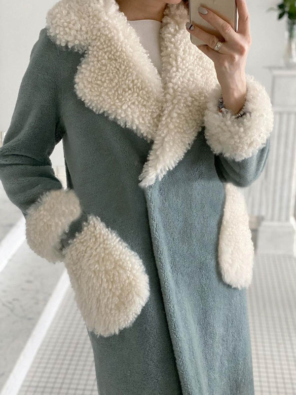 Casual Fleece Patchwork Long Coat with Pockets