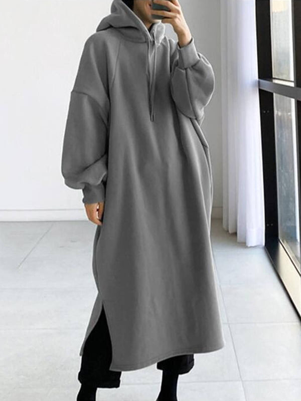 Long Sleeve Hooded Sweatshirt Maxi Dress with Pocket