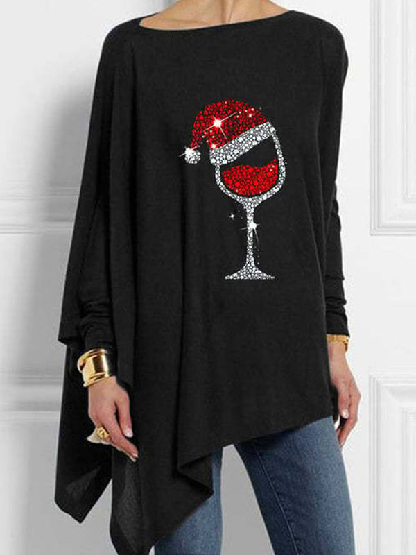 Women's Christmas Wine Glass Casual Irregular Top