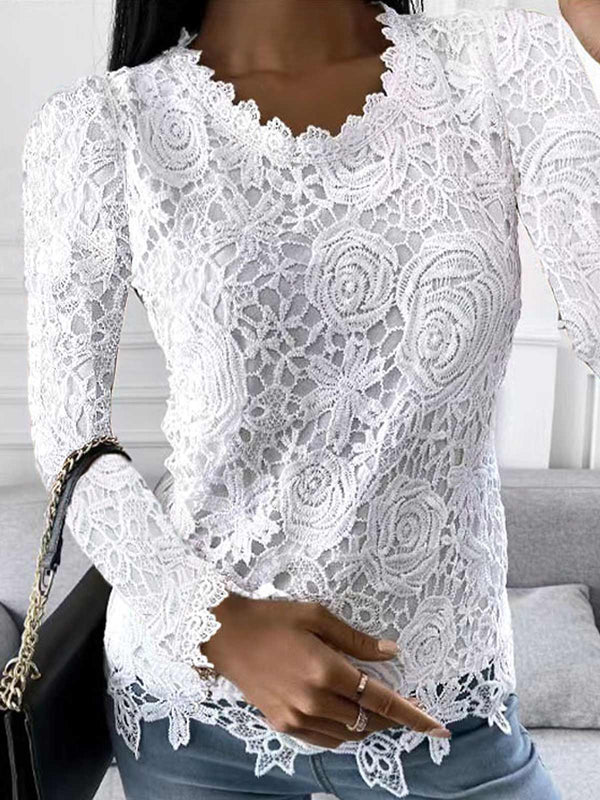 Lace Long Sleeve Crew Neck Tops