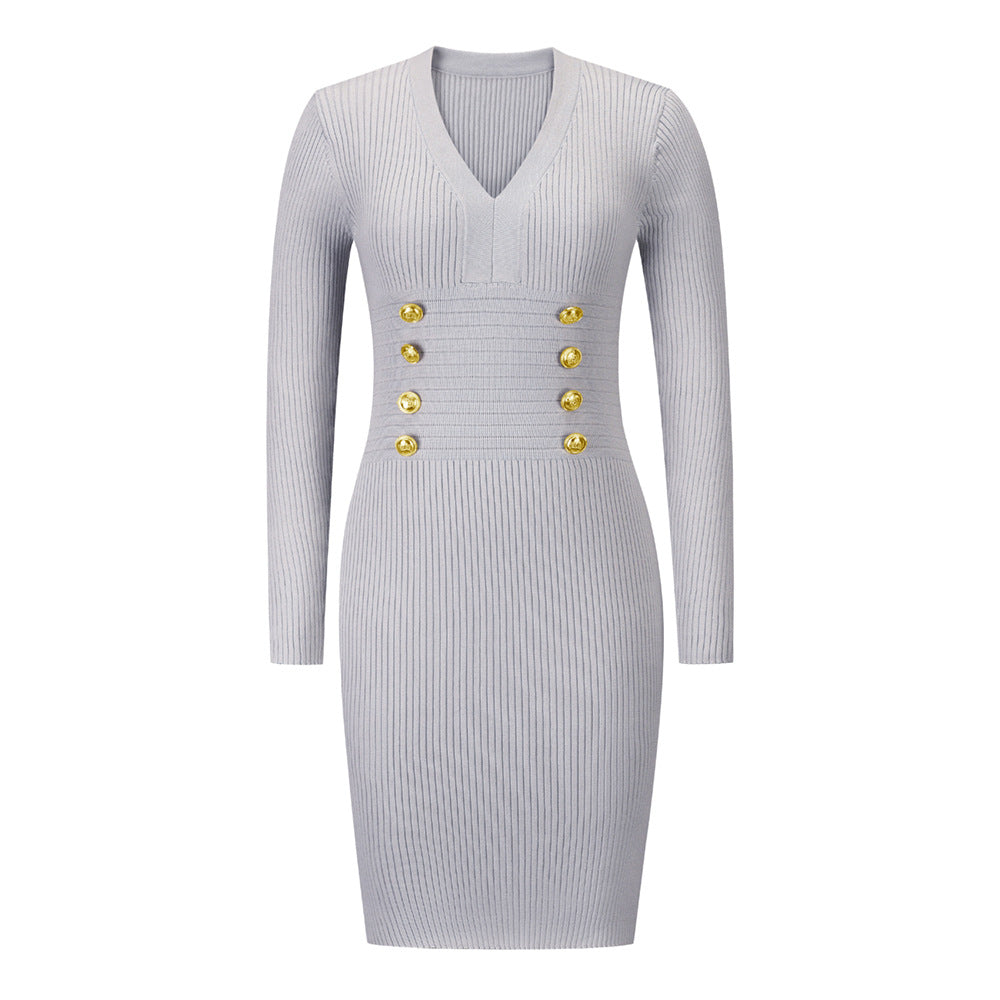 Slim-fit V-neck Double-breasted Knitted Dress
