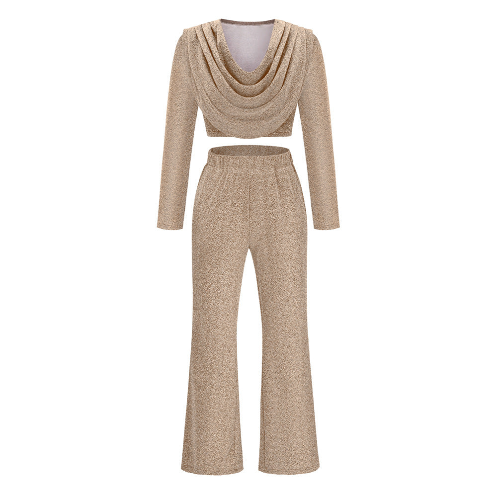 Sexy Casual Bronzing Top Flared Trousers Two-piece Suit