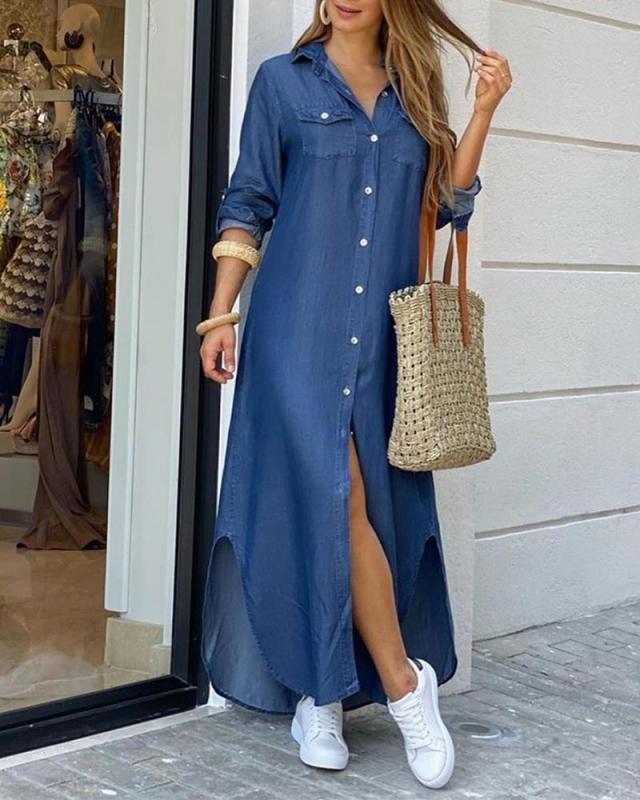 Casual Loose Buttoned Slit Shirt Dress