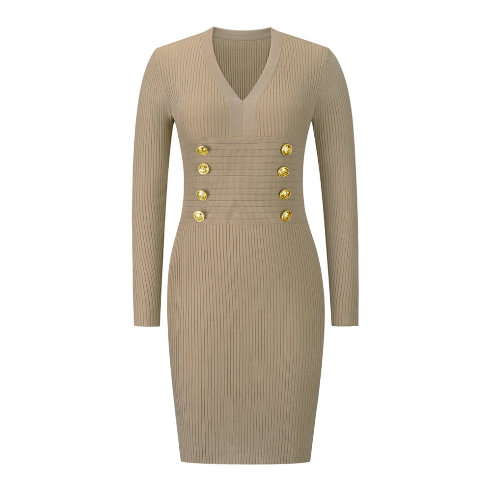 Slim-fit V-neck Double-breasted Knitted Dress
