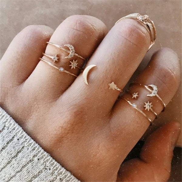 Moon and Stars 7 Piece Gold Rings