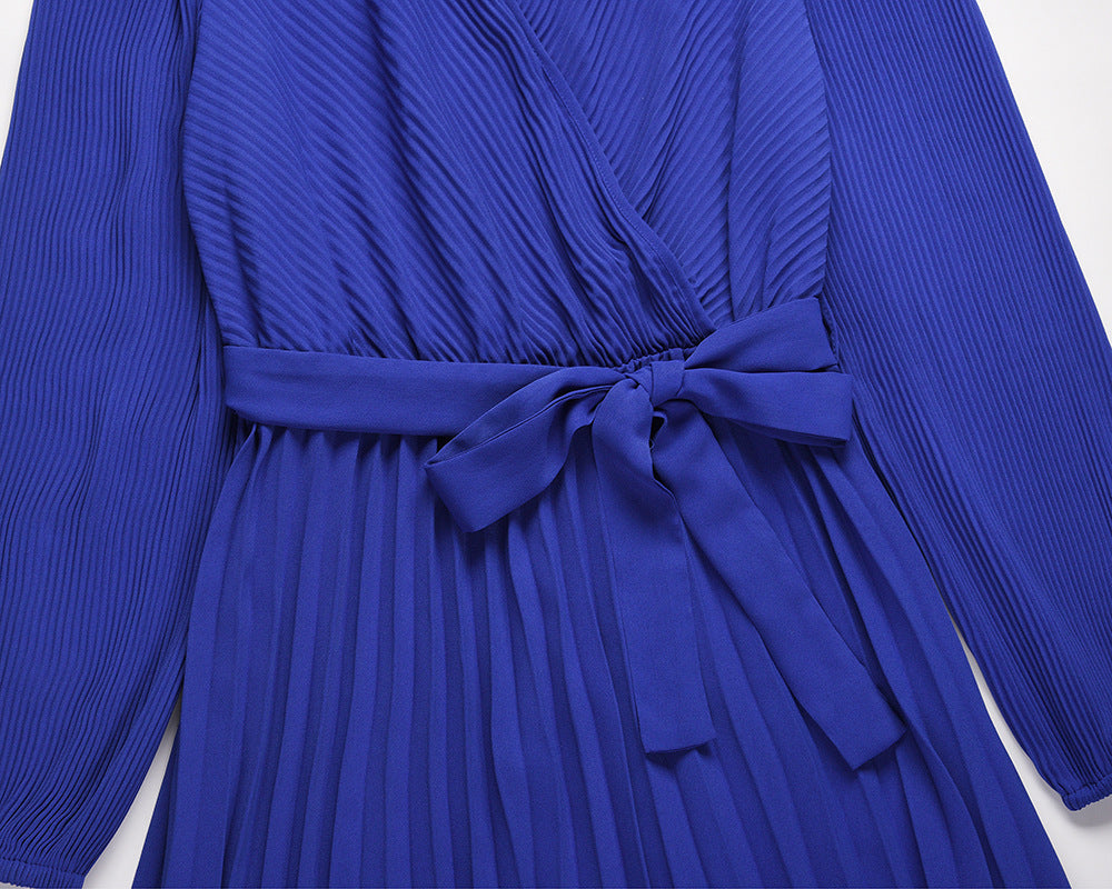 V-Neck Long Sleeve Pleated Midi Dress