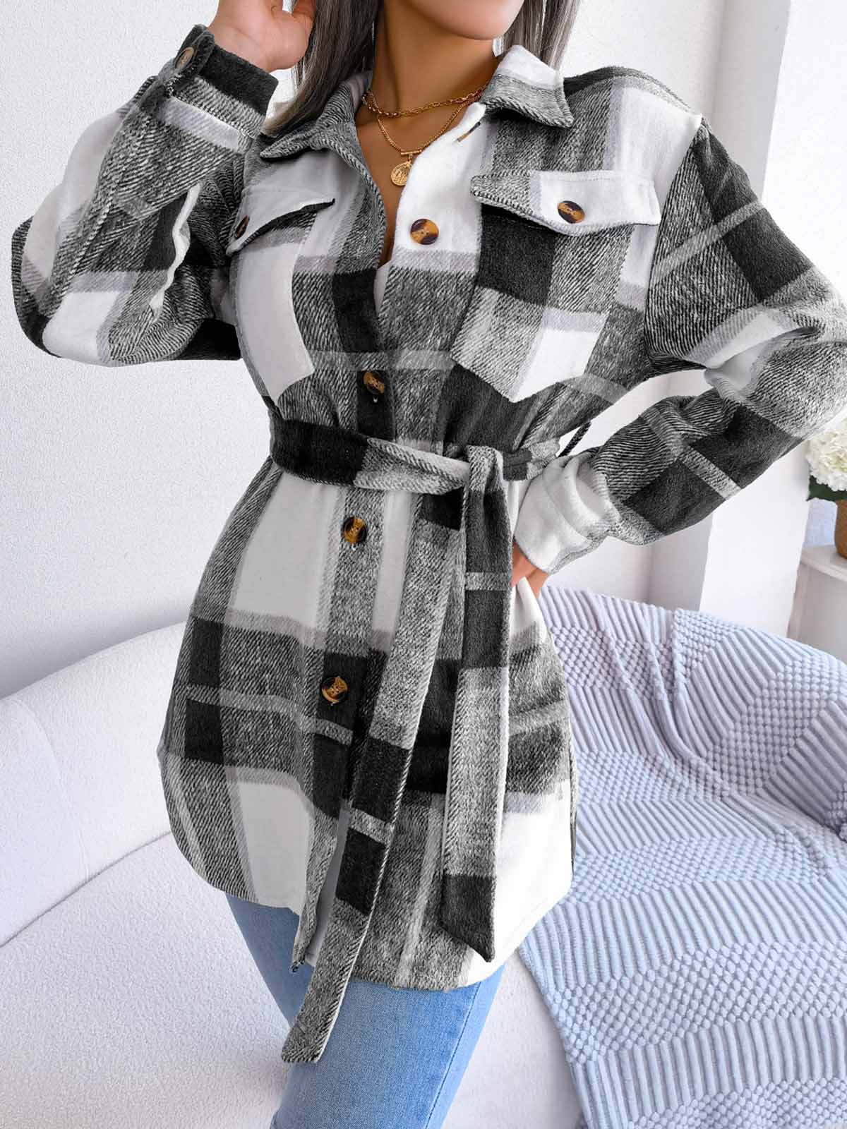 Contrasting Plaid Coat with Belt