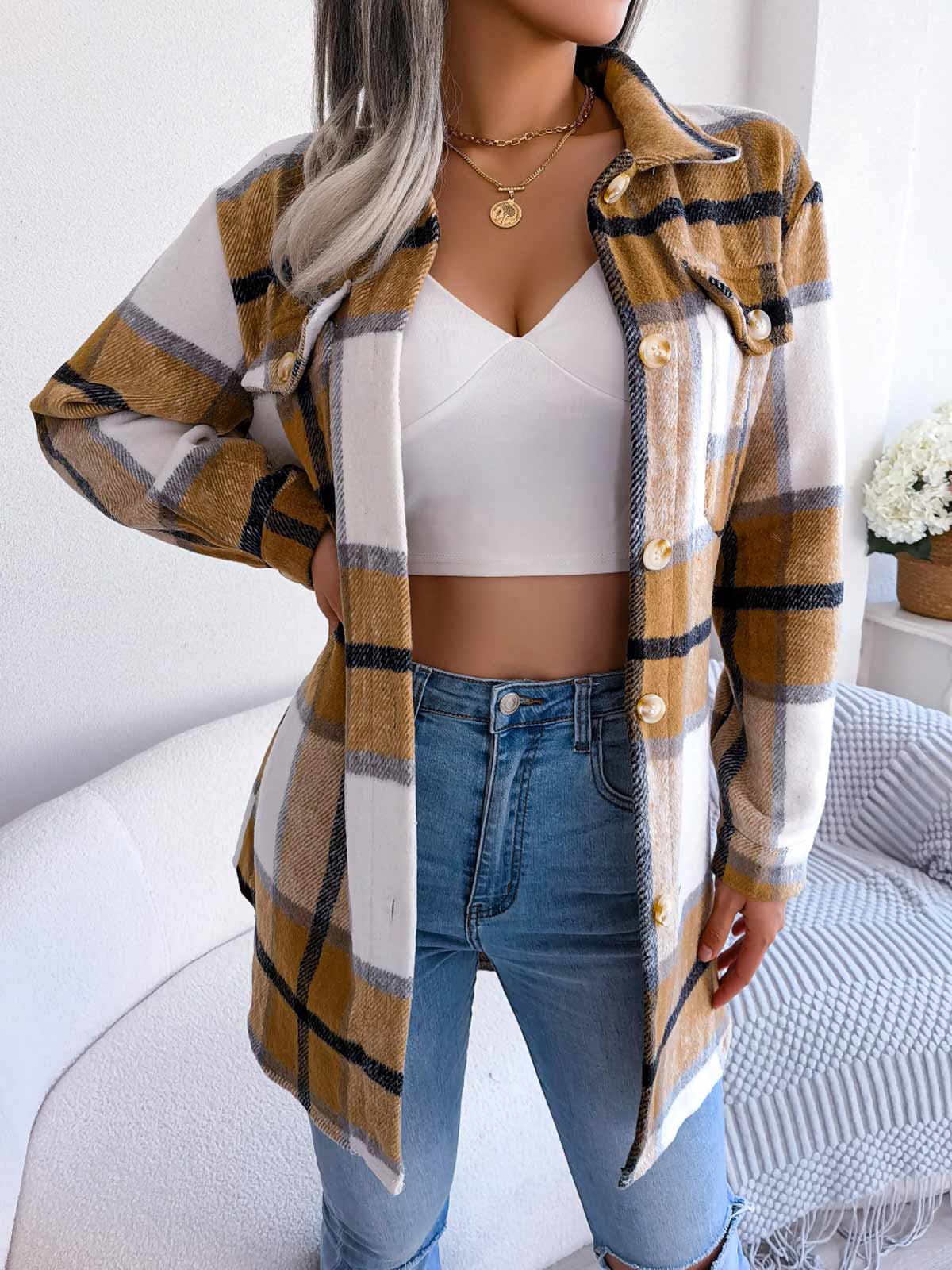 Contrasting Plaid Coat with Belt