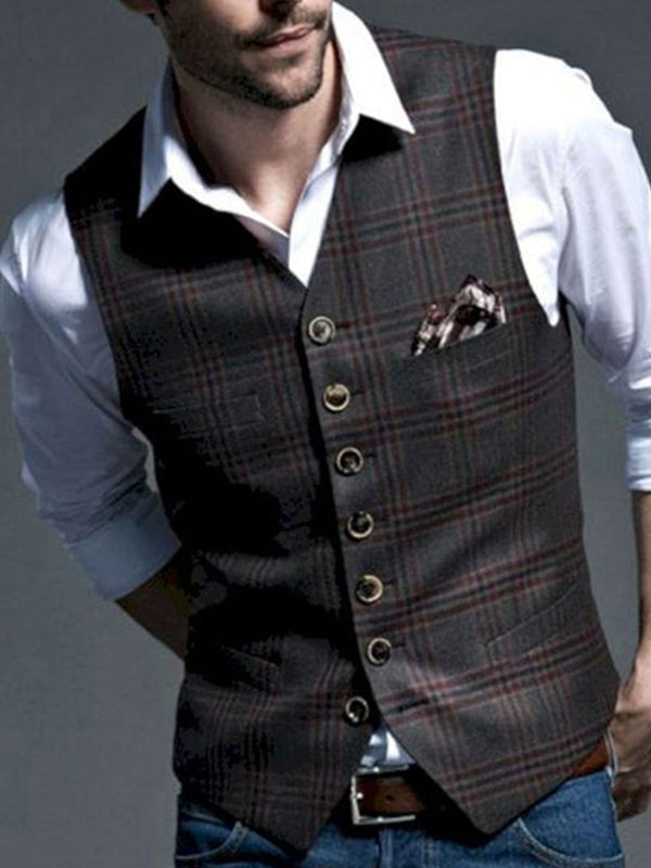 Men Textured Button Up Plaid Waistcoat