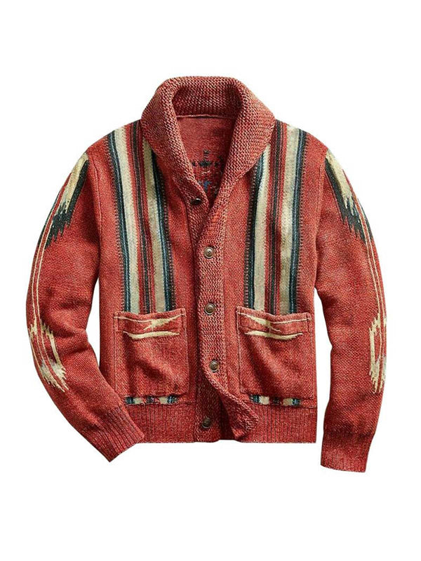 Men's Vintage Jacquard Lapel Long Sleeve Knit Cardigan