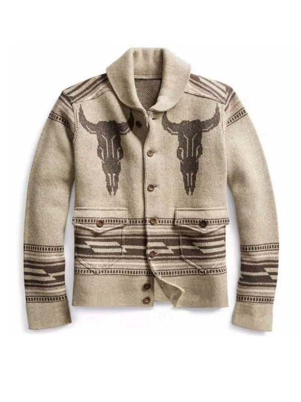 Men's Lapel Vintage Jacquard Knit Cardigan Jacket