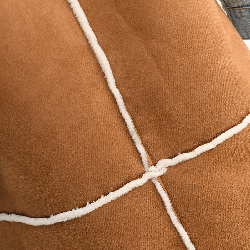 Turn-down Collar Patchwork Denim Woolen Coat