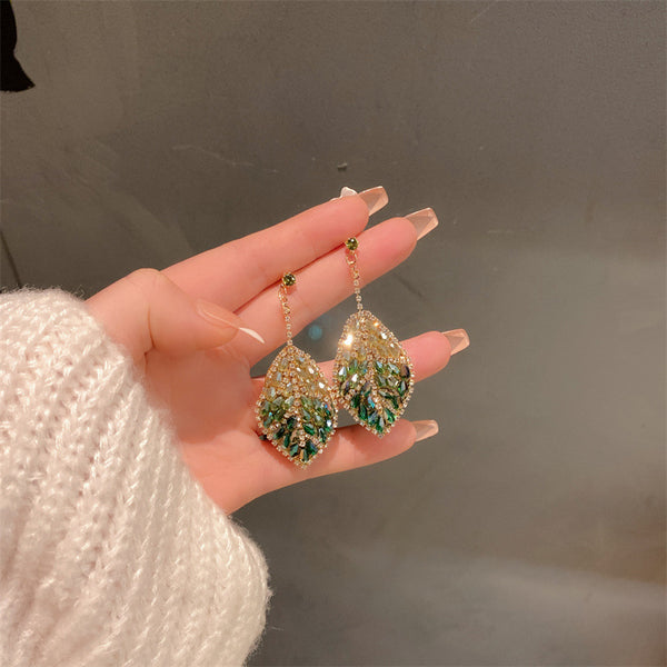 925 Sterling Silver Green Leaf fulldrill earrings
